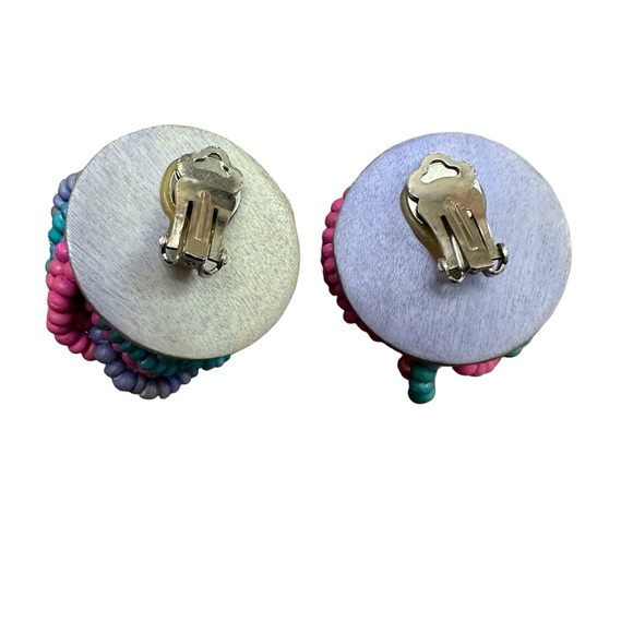 80s chunky multicolored beaded clip on earrings - Picture 3 of 3